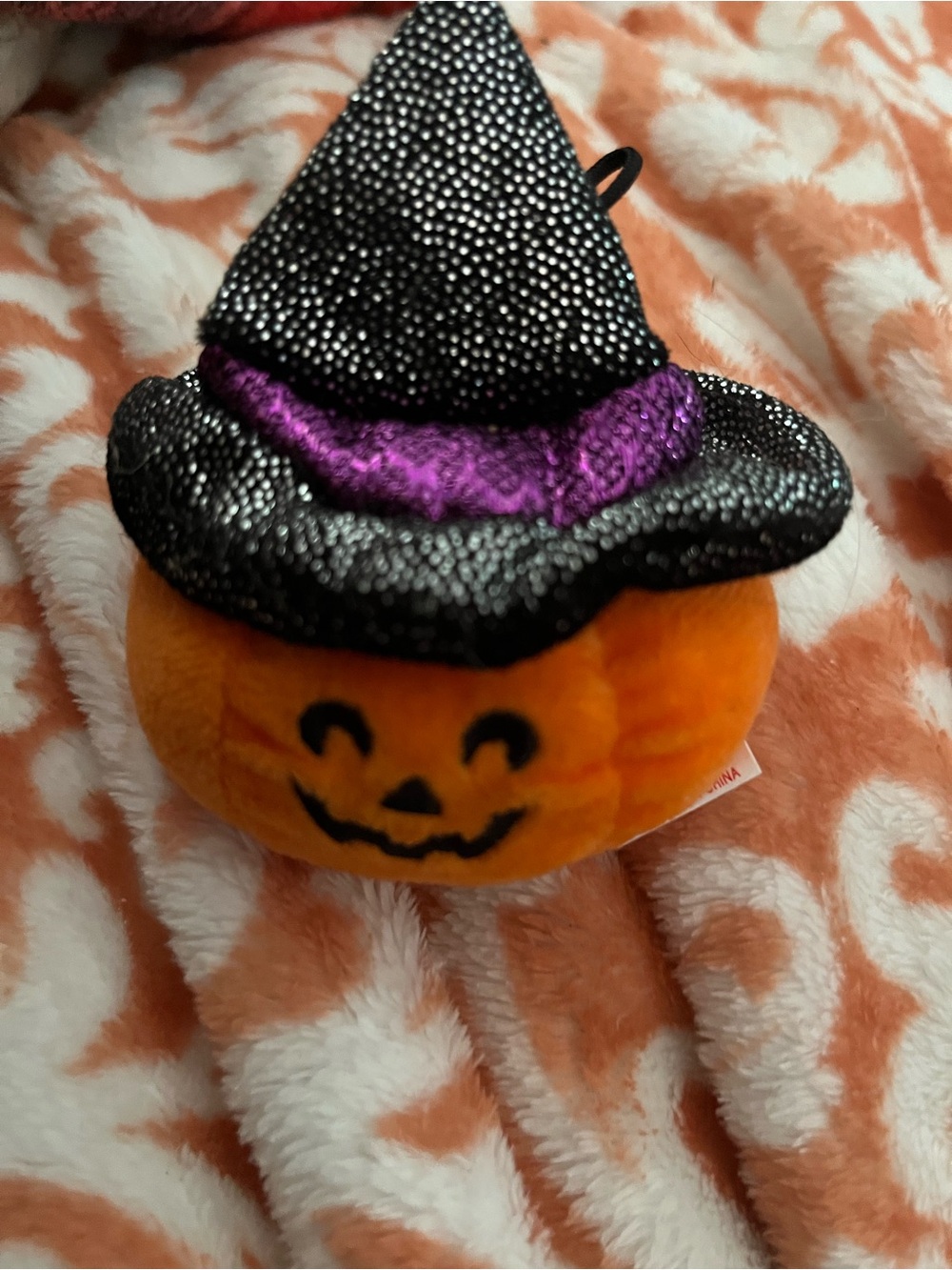 Ty Plush Pumpkin with Black Sparkle Witch Hat and Purple Trim